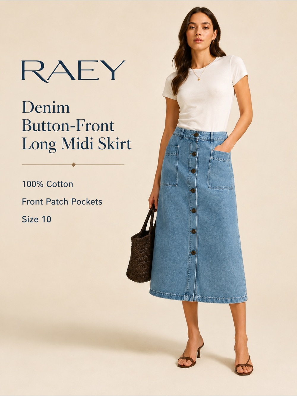 RAEY Blue Denim Button-Front Midi Skirt